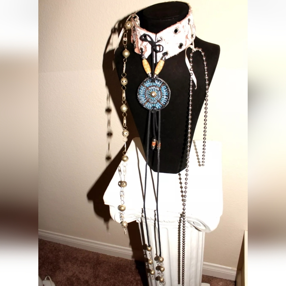 Navajo Choker Leather with Gemstones Sequin and Brass Chain and More, Handmade - Picture 2 of 8